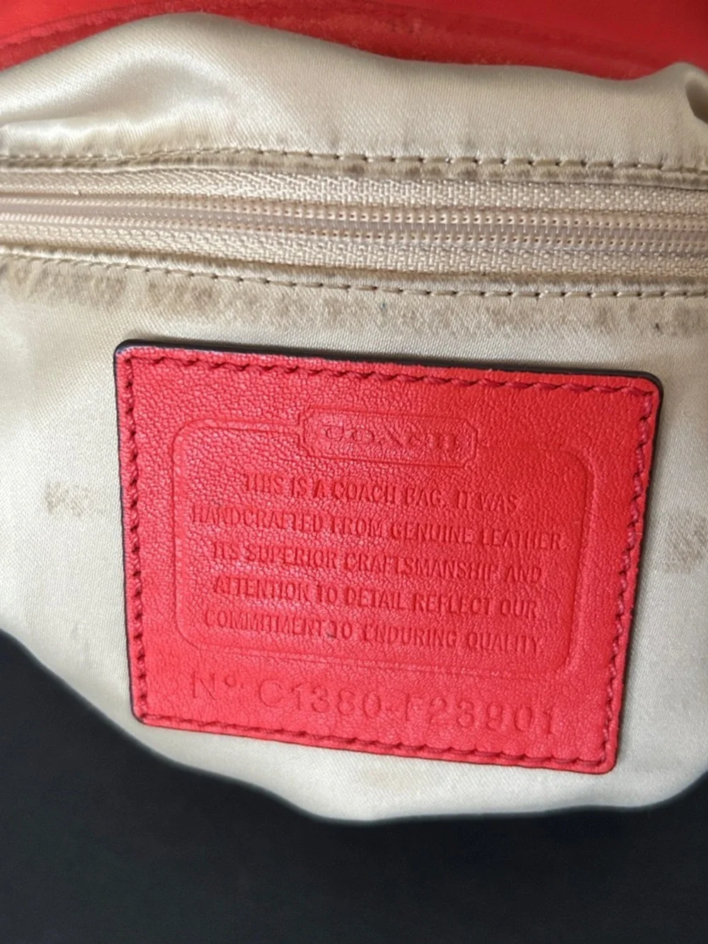 Coach Orange-Red Leather Shoulder Tote with Front Zip Pocket